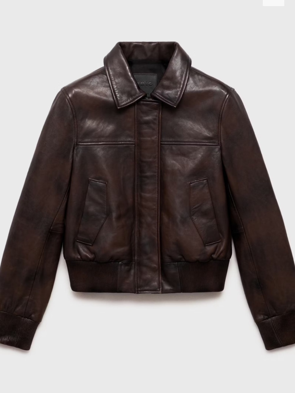Mango  Brown Leather Bomber Jacket